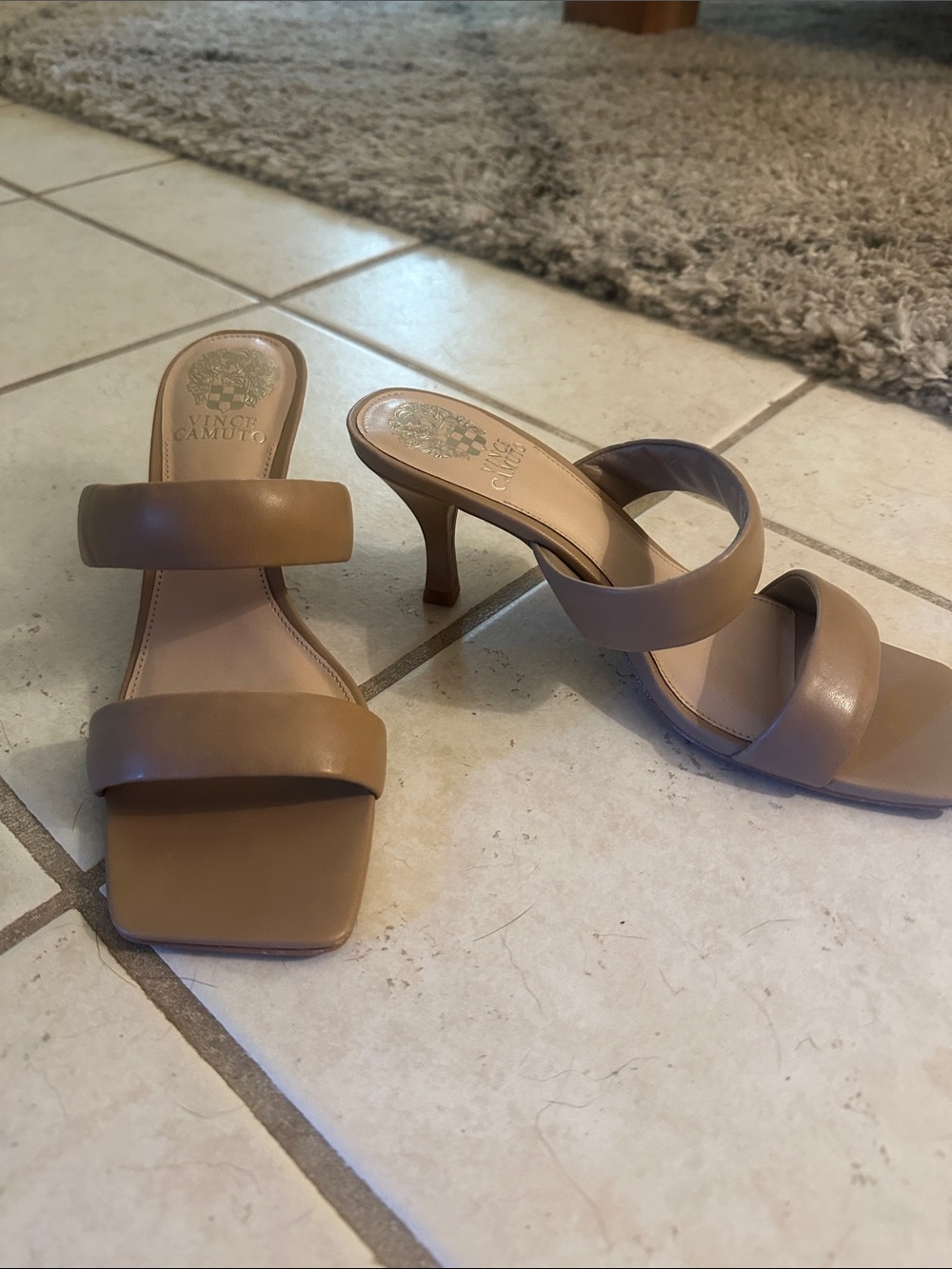 Vince Camuto Neutral Brown Double-Strap Heeled Mules